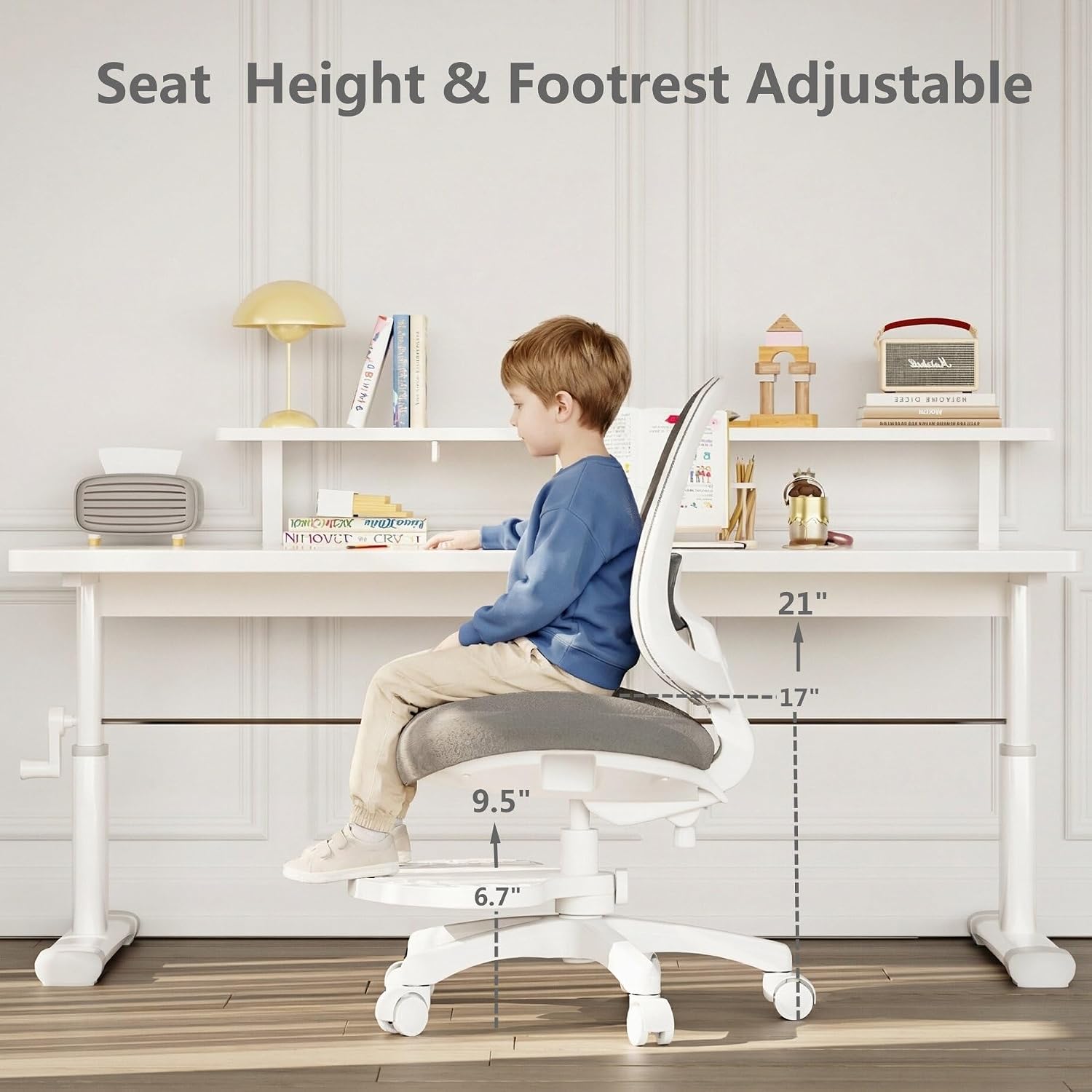 Desk Chair, Ergonomic Study Chair for Kids with Lumbar Support and Footrest, Adjustable Height, Mesh Student Chair with Adjustable backrest, Model Shell (Grey)