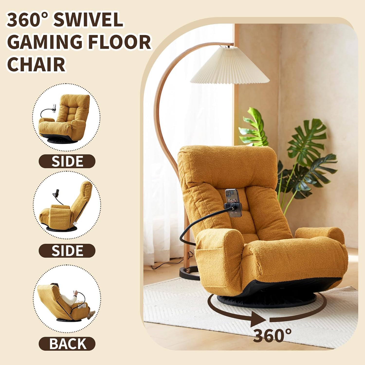 Swivel Lazy Floor Chair, Adjustable Reclining Floor Lounger with Head & Back Support and Phone Holder, Comfy Tatami Sofa Seat for Adults Bedroom & Gaming