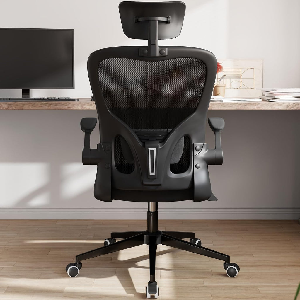 Monhey Office Chair Ergonomic Desk Chair with Lumbar Support&Headrest&Flip-up Arms Height Adjustable Rocking Swivel High Computer Chair Multi-Angle from 90° to 125° with 350LBS Capacity (03All Black)