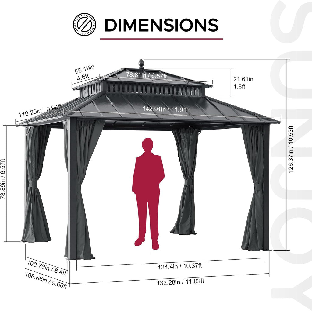 SUNJOY Kingston 12' x 10' Hardtop Gazebo with Galvanized Steel Double Roof, Curtain and Netting, Gray Aluminum Posts Permanent Pavilion Gazebo for Garden, Patio, Deck, Lawn