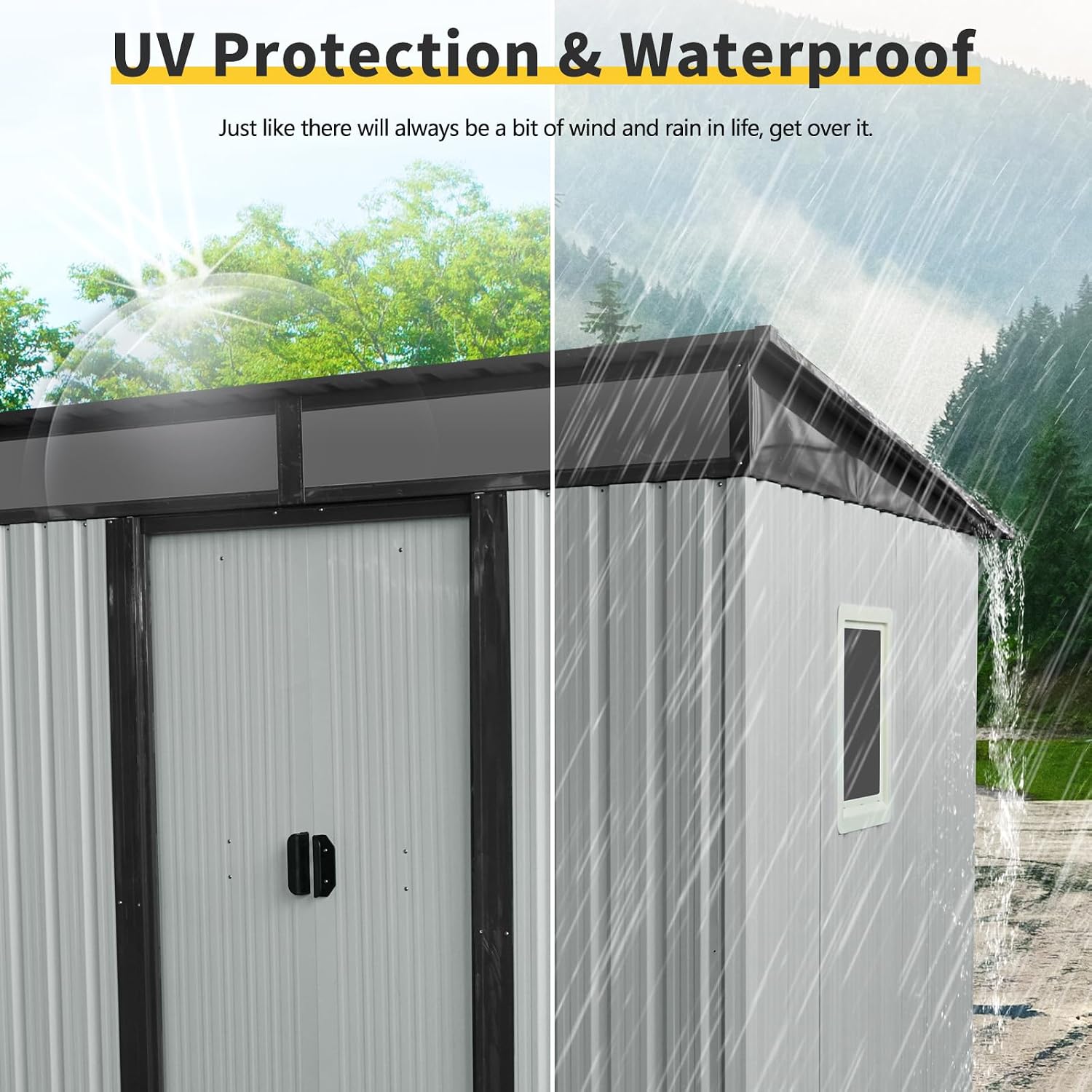 JT 6X4.5FT Outdoor Storage Shed, Galvanized Metal Garden Shed with Window and Metal Foundation, Tool Storage Shed for Patio Lawn Backyard (White-Black-with The window-6ftx4.5ft)