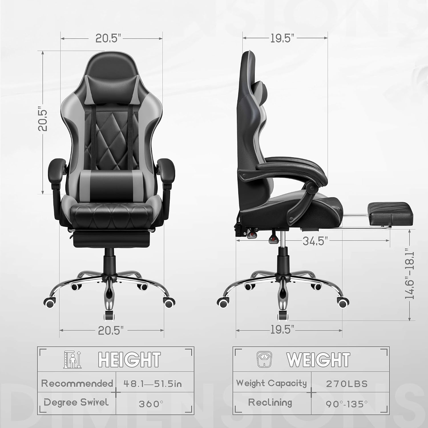 Shahoo Gaming Chair with Footrest and Massage Lumbar Support, Ergonomic Computer Seat Height Adjustable with 360°Swivel and Headrest, Grey1