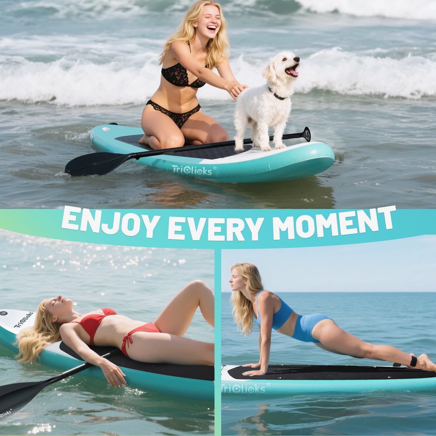 Triclicks Inflatable Stand Up Paddle Board 10ft Surfing Board Kit for Adults, Premium SUP Complete Kit with Adjustable Paddle Hand Pump Fin Leash Backpack