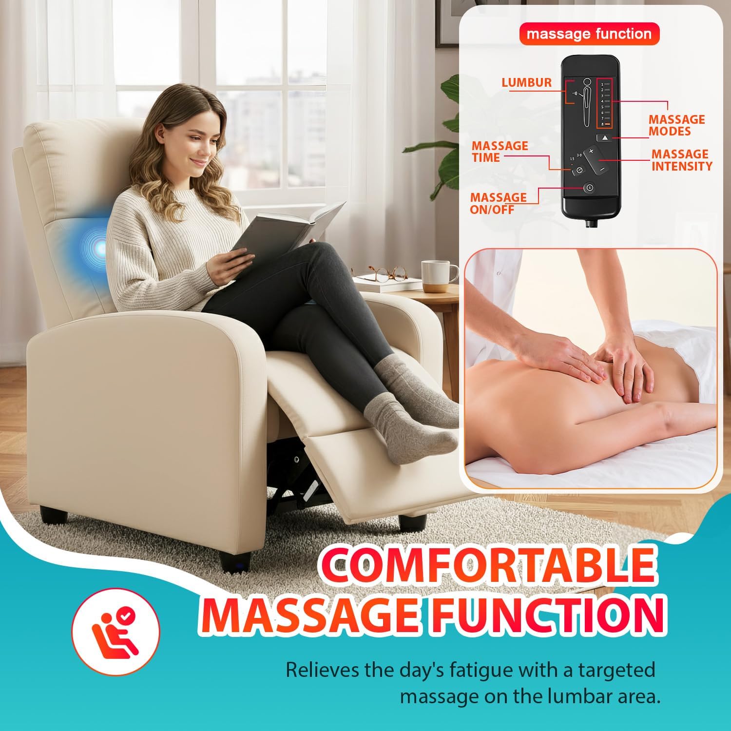 BestMassage | Recliner Chair | with 2 Point Massage Function | Textile Beige | with Lumbar Support, Adjustable Push Back, Footrest & Padded Seat | Easy Assembly | for Living Room, Home Theatre