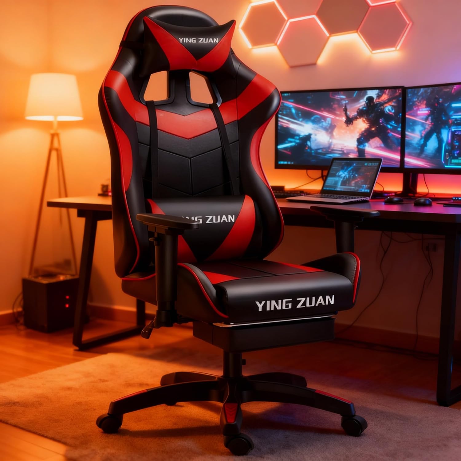 Video Gaming Chair with Speakers, PU Leather Office Chair with Massage Lumbar Pillow & Footrest, Latex Reclining Desk Chair with Adjustable Rotating Armrests for Adults(Black+Red)