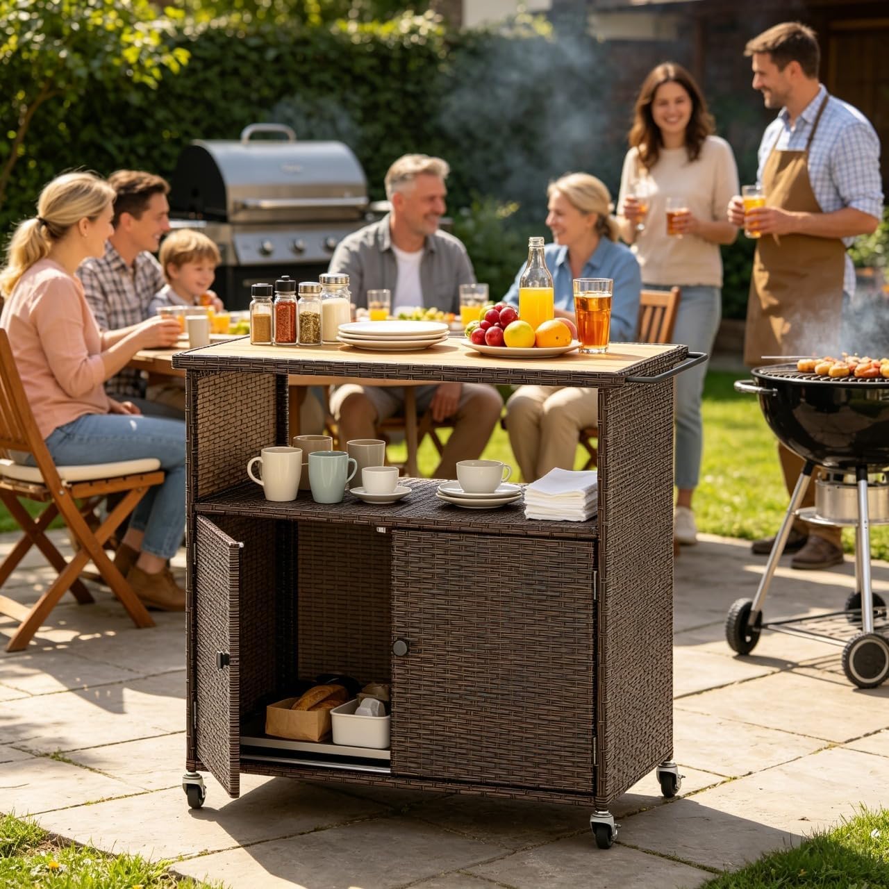 MAT EXPERT Wicker Outdoor Storage Cabinet, PE Rattan Buffet Cabinet w/Acacia Wood Countertop, Open Compartment & 2-Door Shelf, Patio Bar Cart w/Lockable Wheels for Kitchen, Garden, Backyard & Pool
