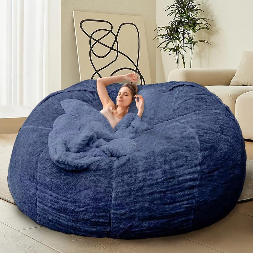 HDMLDP Bean Bag Chair Cover for Kids Adults Without Filling Comfy Giant Round Beanbag Love Sack Covers for Bedroom Living Room, 7FT, Blue