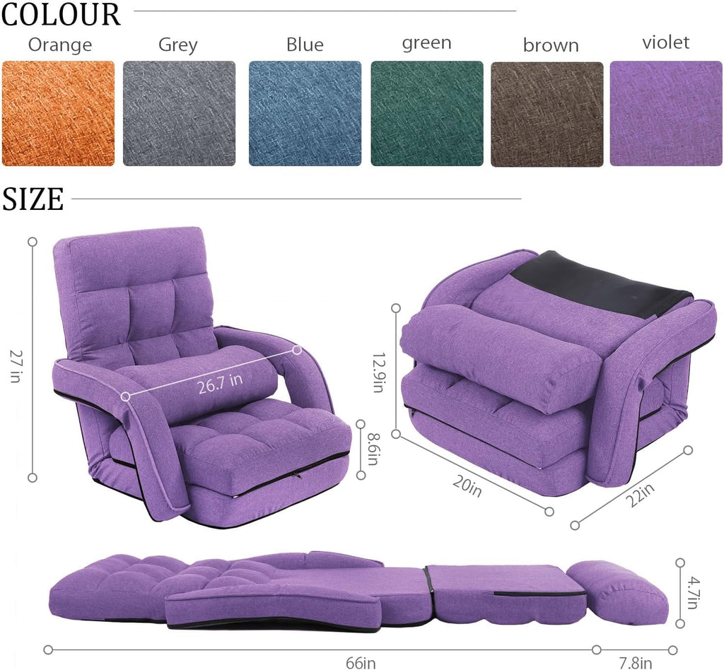 42-Position Adjustable Floor Chair, Chaise Lounge Chair Indoor,Comfy Folding Lazy Sofa Chair for Adults with Armrests and a Pillow Padded,Gaming Chairs for Living Room,Bedroom,Fabric,Purple