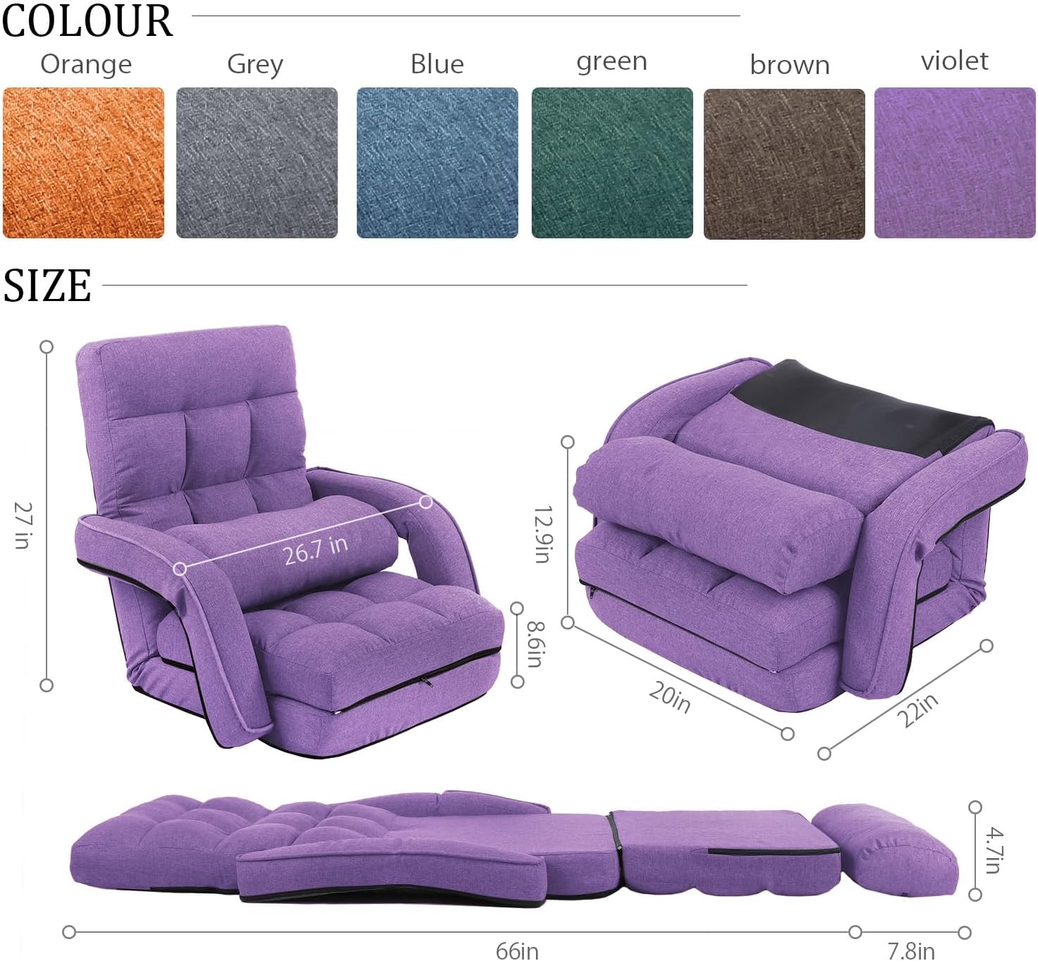 42-Position Adjustable Floor Chair, Chaise Lounge Chair Indoor,Comfy Folding Lazy Sofa Chair for Adults with Armrests and a Pillow Padded,Gaming Chairs for Living Room,Bedroom,Fabric,Purple