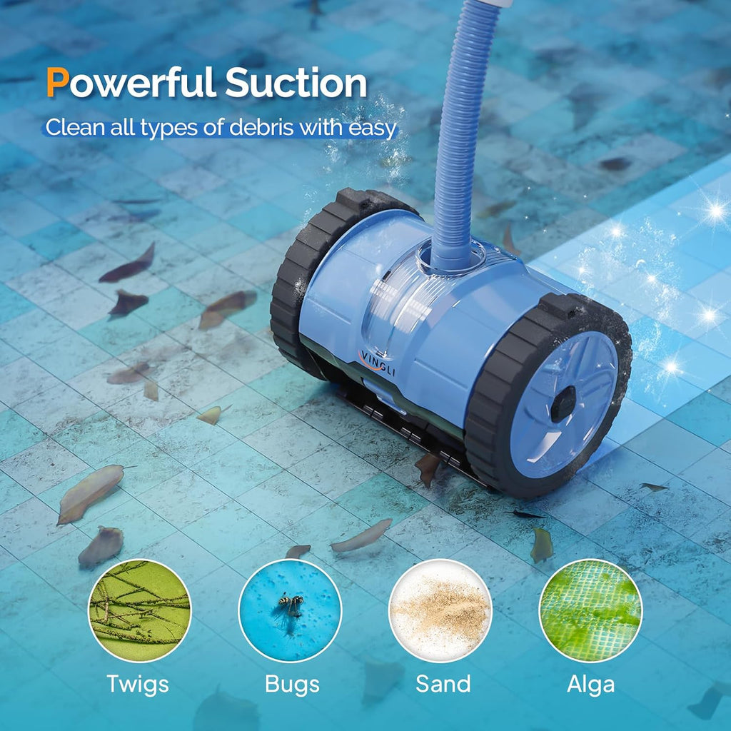 (2025 Upgrade) VINGLI Pool Vacuum Cleaner, Suction Side Wall-Climbing Sweeper for Ground&Inground Pools, Automatic Pool Vacuum with 39.6ft Tangle-Free Hose (Memory Blue&Gray)