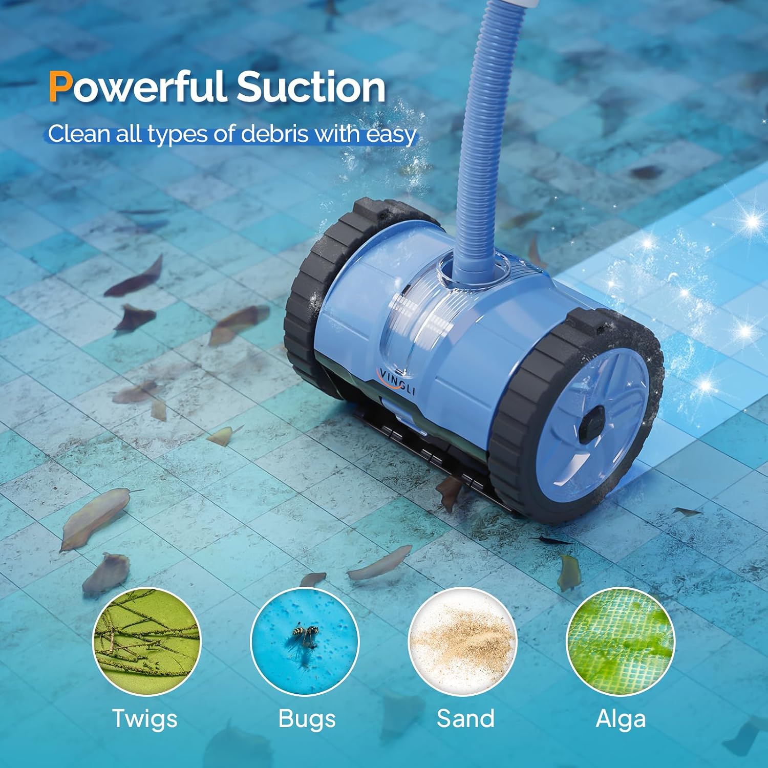 (2025 Upgrade) VINGLI Pool Vacuum Cleaner, Suction Side Wall-Climbing Sweeper for Ground&Inground Pools, Automatic Pool Vacuum with 39.6ft Tangle-Free Hose (Memory Blue&Gray)