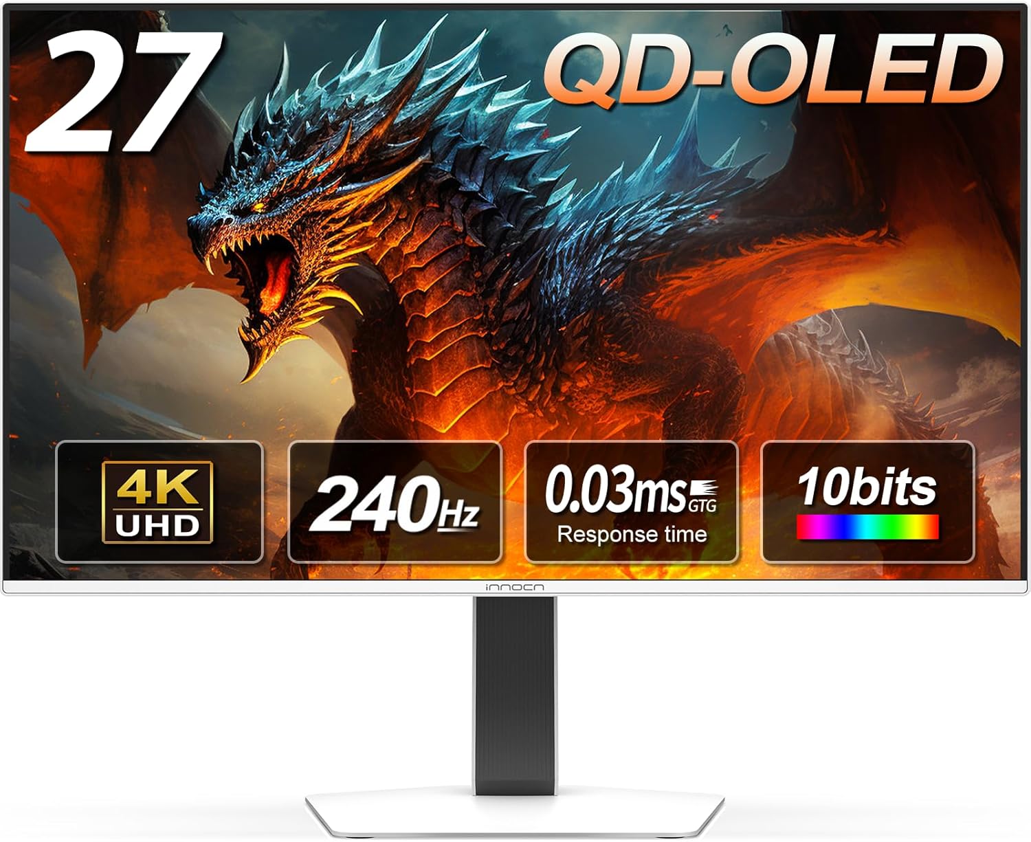 INNOCN 27' QD-OLED 3840 x 2160p 4K 240Hz Gaming Monitor, Gaming Console Ready, VRR, MAC-View Mode, HDR 400, 0.03ms, FPS/RTS, HDMI 2.1, DP, Speaker, Pivot Adjustable Stand, Ultra-Thin - GA27W1Q