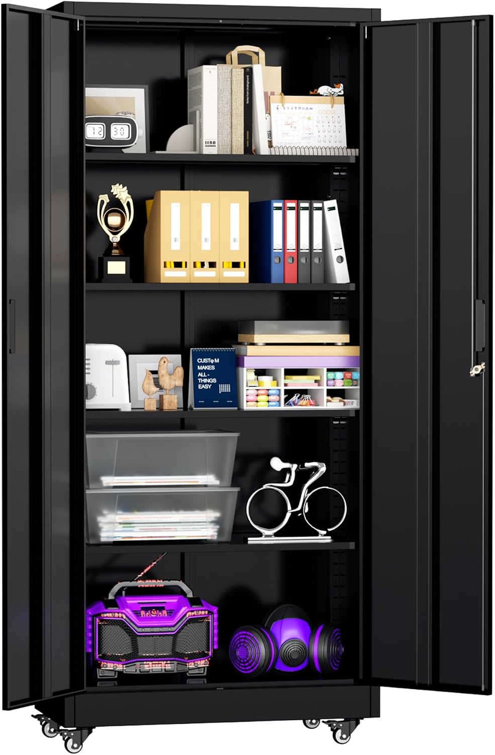 Superday Garage Storage Cabinet with Wheels，73' H Metal Storage Cabinet with Doors and Adjustable Shelves, Lockable Steel Utility Tool Cabinets for Garage, Home Office, Kitchen(Black)