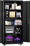 Superday Garage Storage Cabinet with Wheels，73' H Metal Storage Cabinet with Doors and Adjustable Shelves, Lockable Steel Utility Tool Cabinets for Garage, Home Office, Kitchen(Black)
