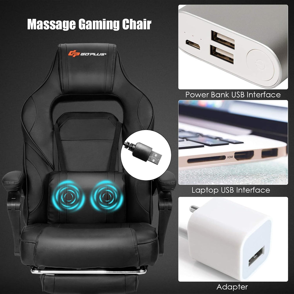 Goplus Massage Gaming Chair, Reclining Backrest, Seat Height Adjustment Racing Computer Office Chair with Footrest, Ergonomic High Back PU Swivel Game Chair (Black)