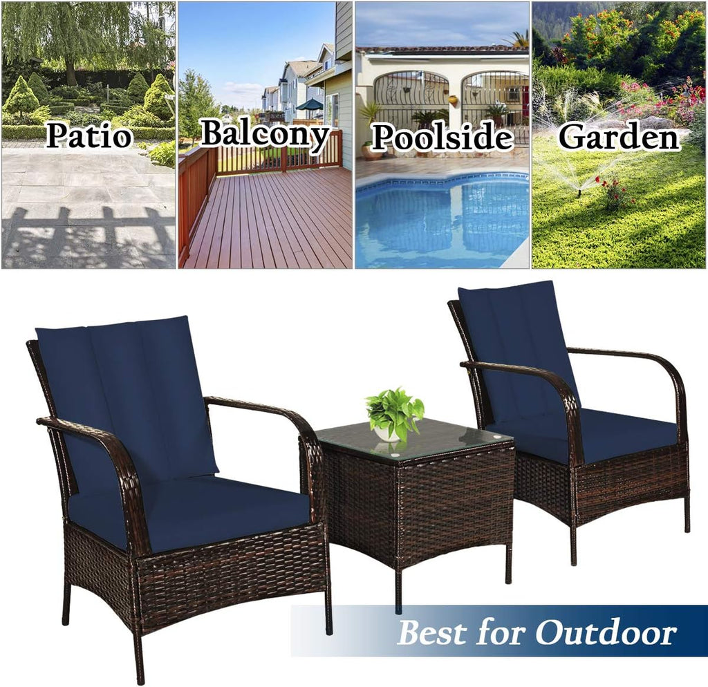 COSTWAY 3 Pieces Patio Rattan Furniture Set, Outdoor Conversation Chair Set with Coffee Table & 2 Cushions for Backyard, Porch, Poolside, Lawn, Garden, Navy