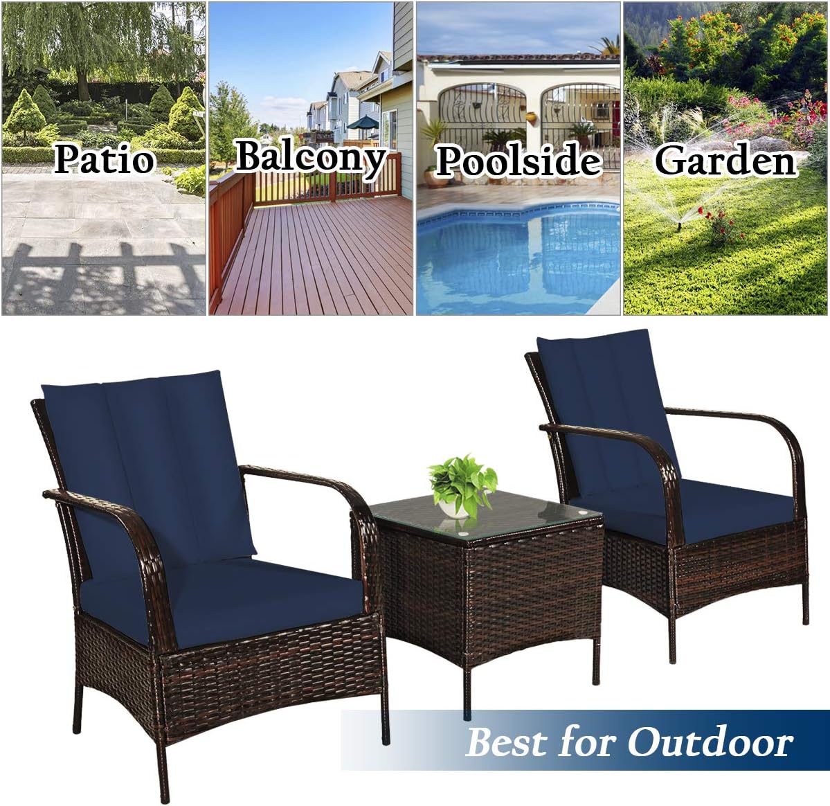COSTWAY 3 Pieces Patio Rattan Furniture Set, Outdoor Conversation Chair Set with Coffee Table & 2 Cushions for Backyard, Porch, Poolside, Lawn, Garden, Navy