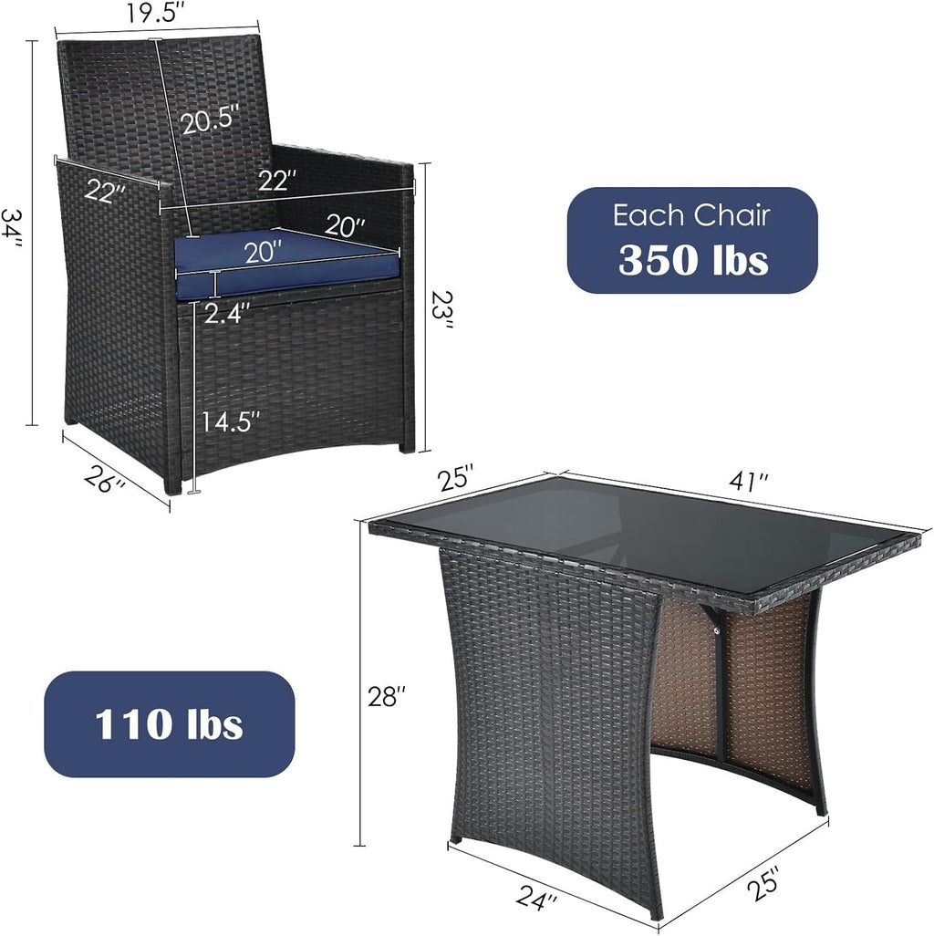HAPPYGRILL 3 Piece Patio Furniture Set, Outdoor PE Rattan Wicker Bistro Set with Washable Cushions & Tempered Glass Table, for Backyard Porch Garden Balcony Poolside