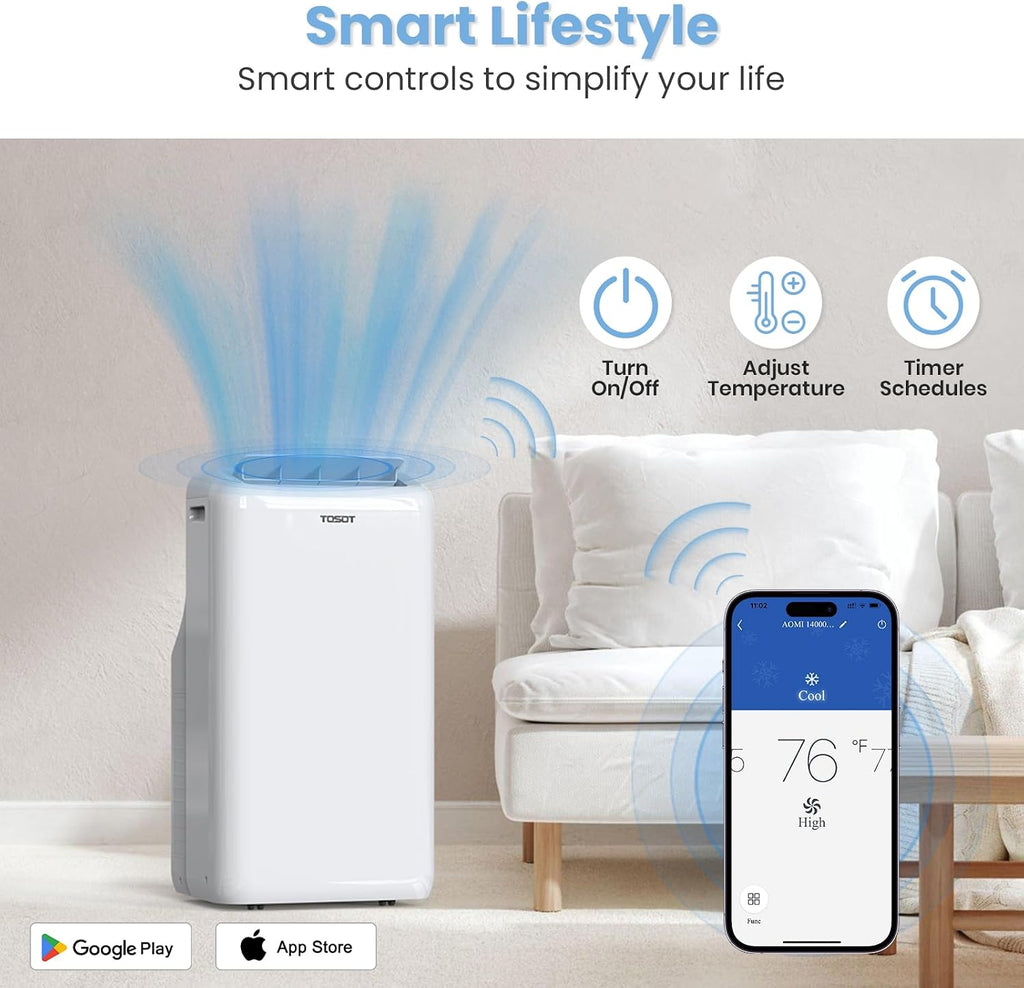 TOSOT 14,000BTU (9,600 BTU SACC) Smart WiFi Portable Air Conditioner with Heater, Powerful Cooling Auto Swing, Dehumidifier, Fan, 24H Timer for Large Room Up to 600 sq ft, AOMI Series
