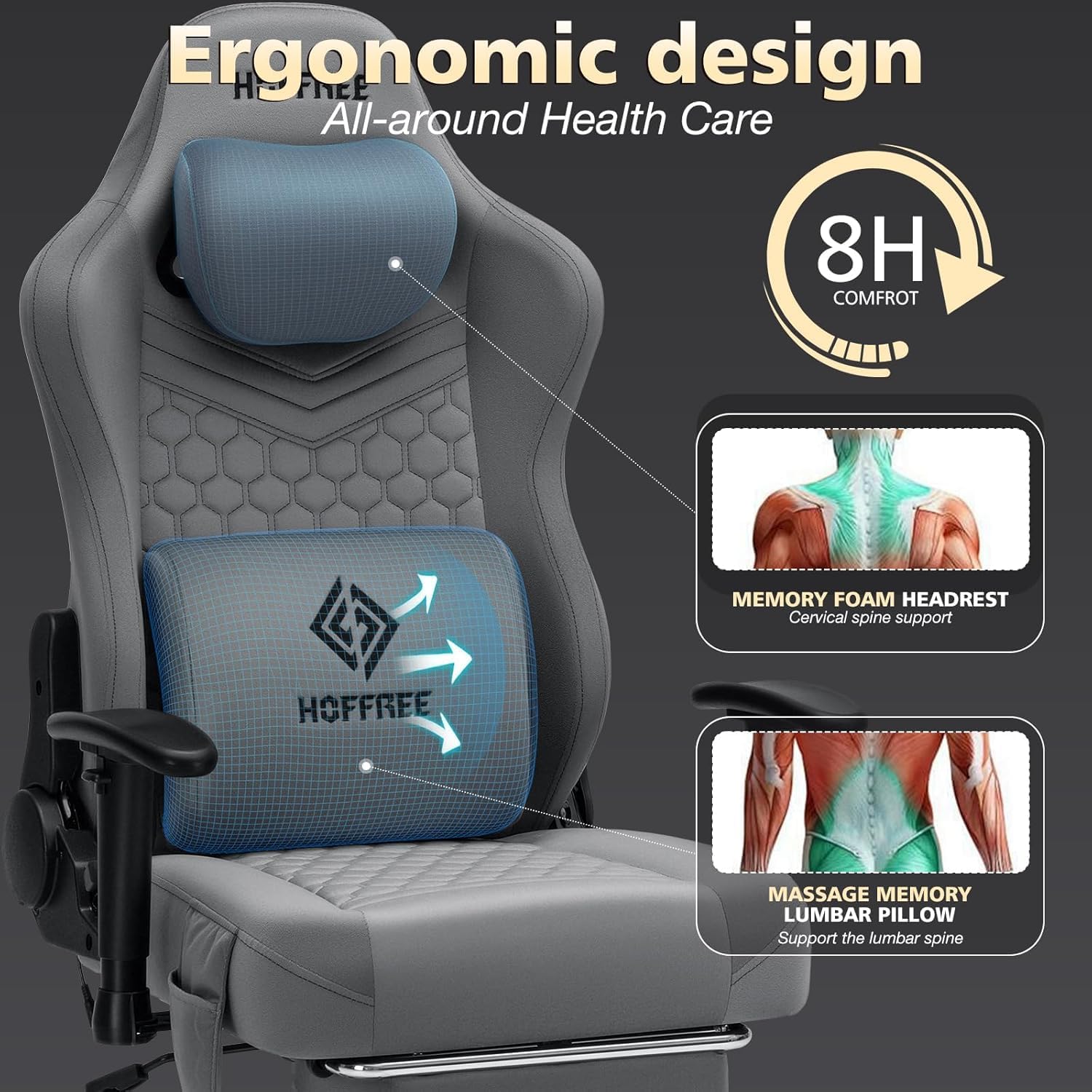 HOFFREE Gaming Chair with Bluetooth Speakers Massage Gaming Chairs for Adults Suede Fabric 165° Reclining Ergonomic Computer Chairs with Footrest Pocket Spring Cushion High Back Gamer Chair Grey