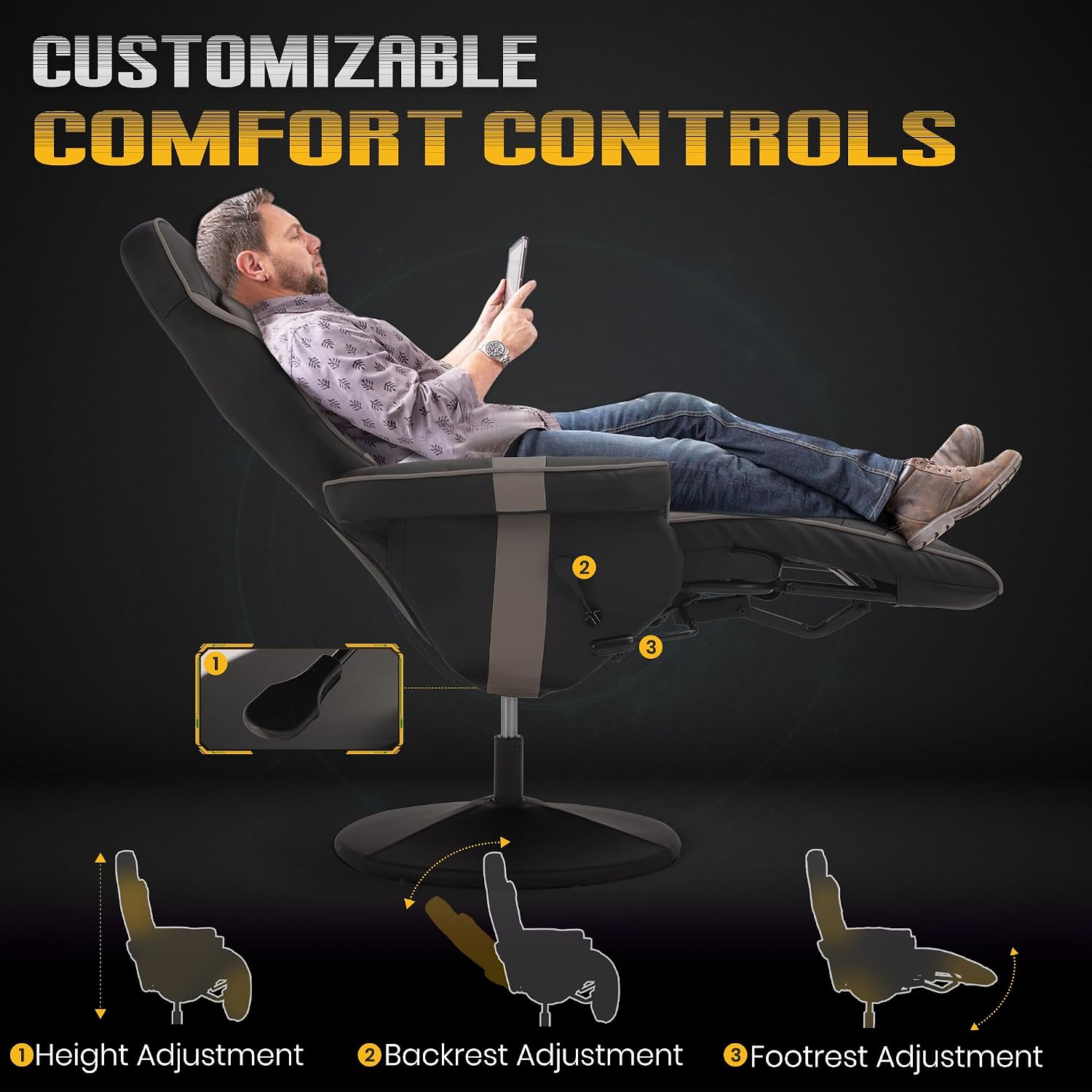 Massage Gaming Recliner Chair with Cup Holder & Side Pockets – Ergonomic PU Leather Video Gaming Chair with Footrest, Manual Recline, Headrest & Lumbar Support for Office or Game Room (Grey)