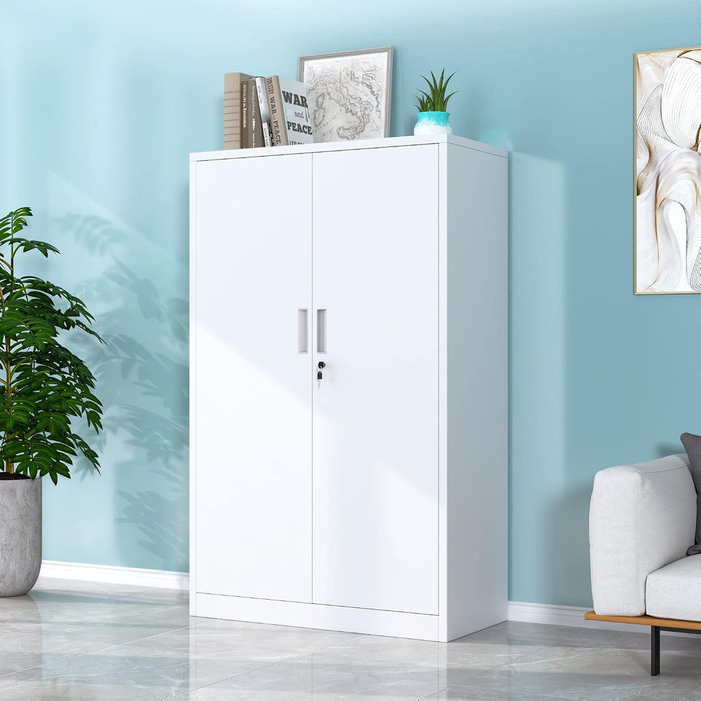 Metal Storage Cabinet with Locking Doors and 3 Adjustable Shelves, 53.5-Inch Lockable Storage Cabinets for Home Office Garage Kitchen Pantry (White)