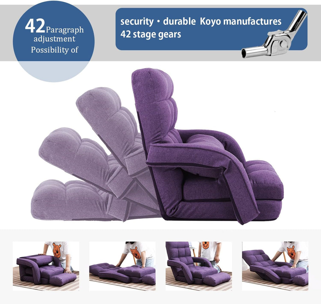 42-Position Adjustable Floor Chair, Chaise Lounge Chair Indoor,Comfy Folding Lazy Sofa Chair for Adults with Armrests and a Pillow Padded,Gaming Chairs for Living Room,Bedroom,Fabric,Purple