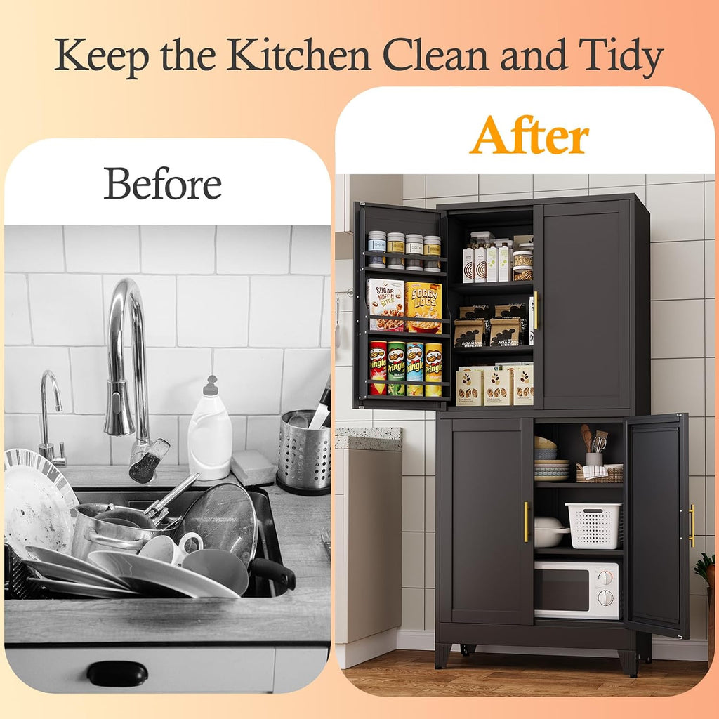 Black Pantry Storage Cabinet, 75' Kitchen Pantry with Doors and 3 Adjustable Shelves, Metal Freestanding Buffet Cupboards Sideboard, for Office, Home, Garage, School