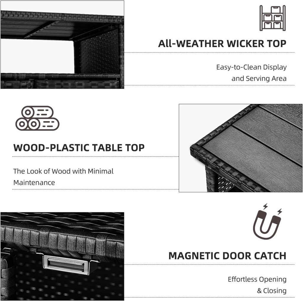 Outdoor Storage Cabinet on Wheels for Patio Outdoor Rattan Bar Cart on Wheels Storage Kitchen Cabinet Waterproof for Grill Outdoor Sideboard for Outside, Pool, Backyard Bar, Parties, Poolside
