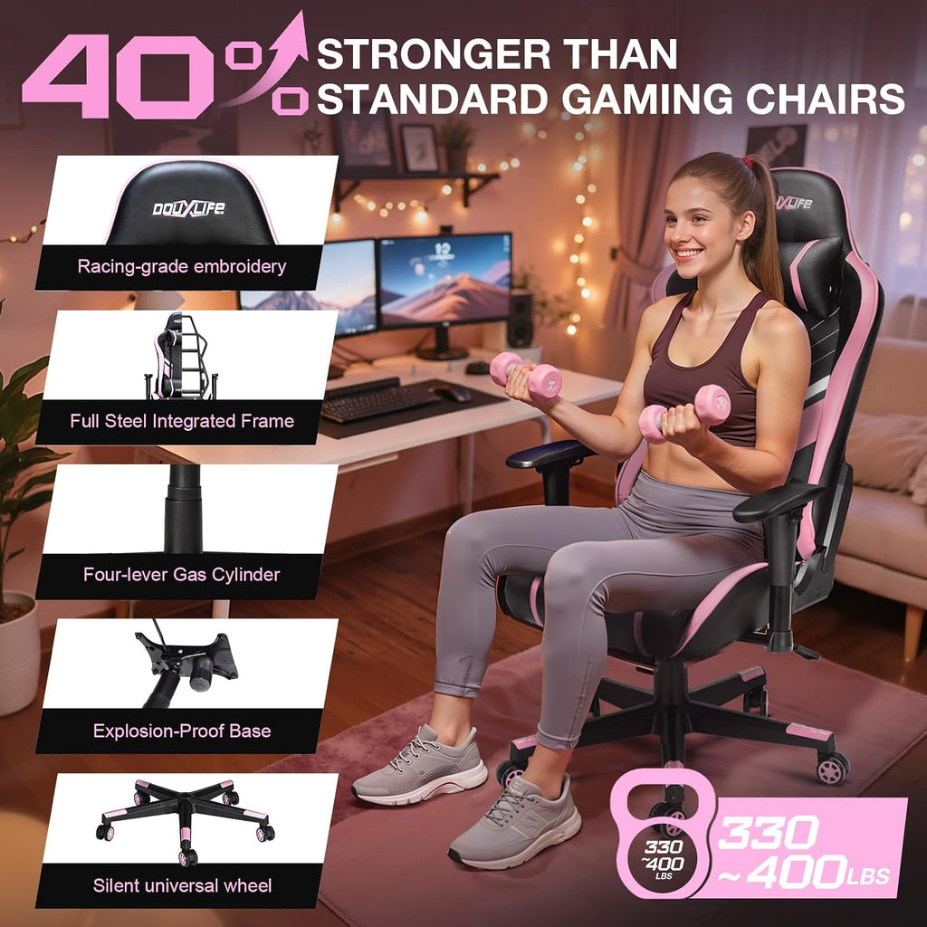 Douxlife 7-Point Massage Gaming Chair with Footrest, 400lbs Heavy Duty Ergonomic Computer Chair, 175° Reclining High Back Racing Seat for Adults with Adjustable Armrests & Lumbar Support, Black Pink
