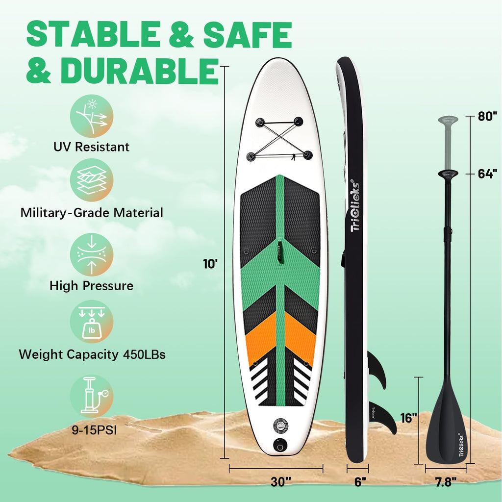 Triclicks Inflatable Stand Up Paddle Board 10ft Surfing Board Kit for Adults, Premium SUP Complete Kit with Adjustable Paddle Hand Pump Fin Leash Backpack