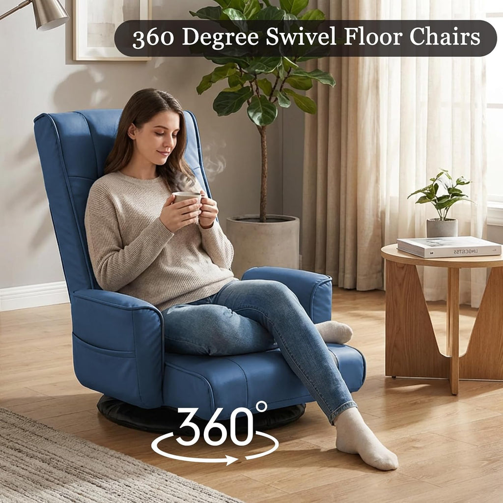360° Swivel Floor Chair with Armrests, 14-Position Adjustable Floor Lounger for Adults, Folding Padded Floor Seat with Backrest for Gaming, Reading & Living Room (Blue)