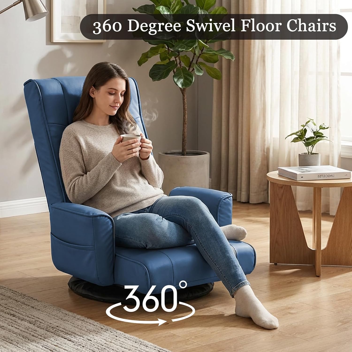360° Swivel Floor Chair with Armrests, 14-Position Adjustable Floor Lounger for Adults, Folding Padded Floor Seat with Backrest for Gaming, Reading & Living Room (Blue)