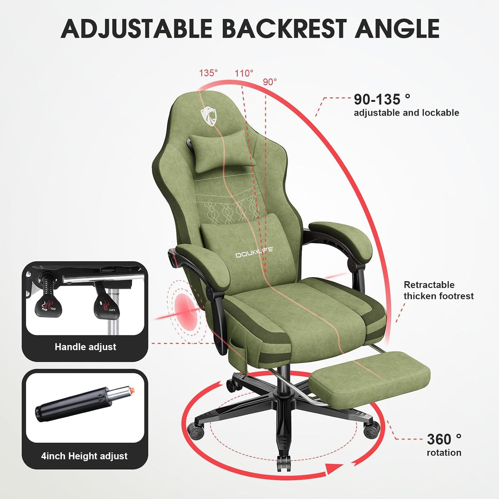 Gaming Chair, Fabric Computer Office Chair with Massage, Ergonomic Chair with Footrest Lumbar Support, Pocket Spring Widened Cushion Metal Legs 350LBS Dark Green