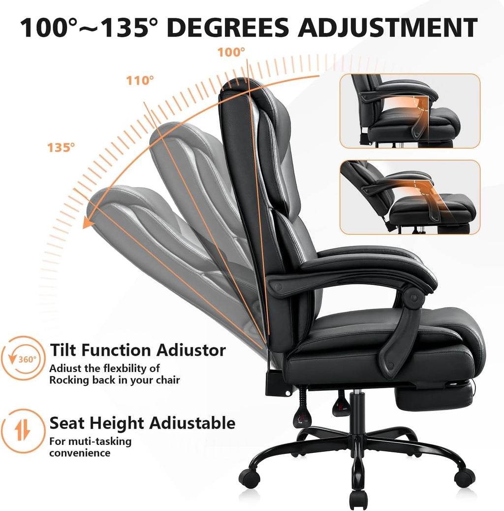 WAILOR 400lbs Office Chair with Foot Rest, Reclining Big and Tall Office Chair with Lumbar Support Spring Cushion, High Back PU Leather Computer Chair,Comfy Desk Chair for Home Office