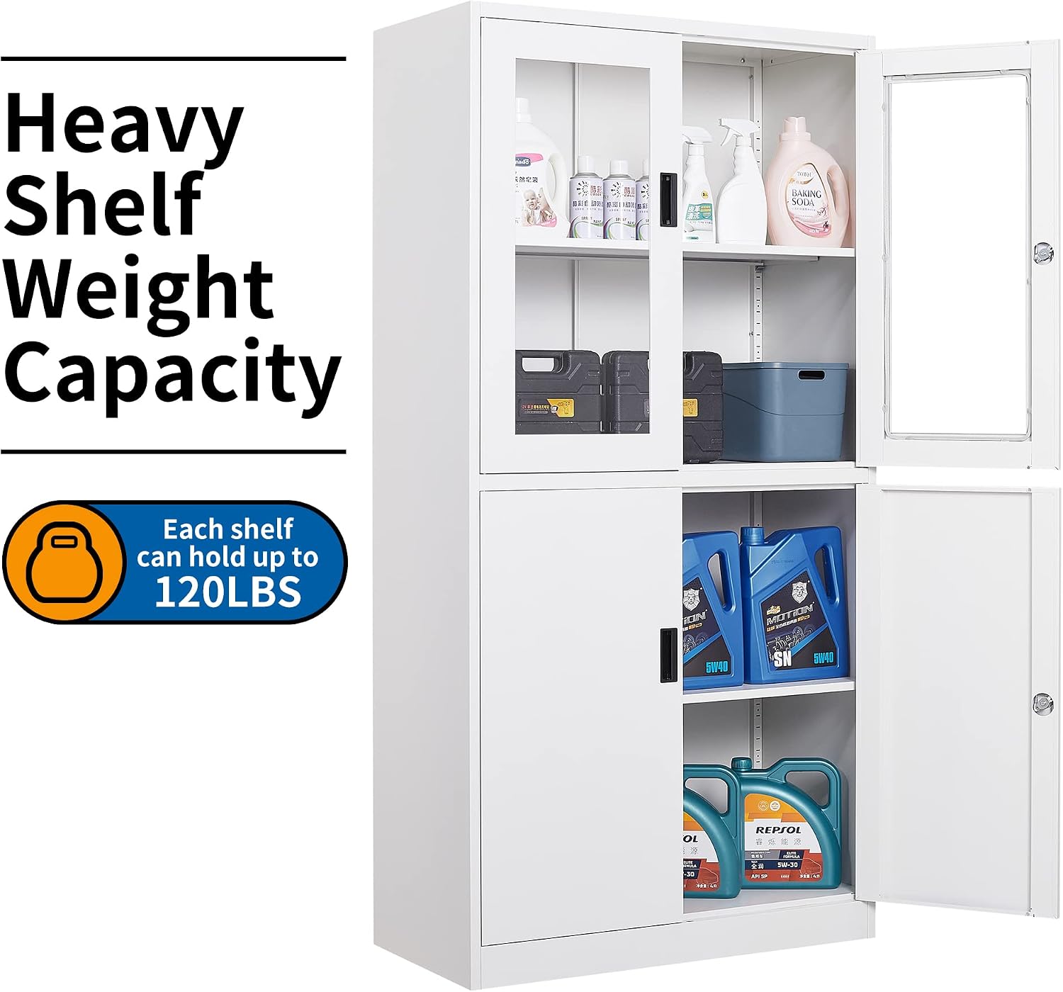 STANI Metal Storage Cabinet, Locking Steel Cabinet with Shelves, Tall Metal Utility 2 Doors, Lockable Steel Cabinets for Home Office (4 Doors, White)
