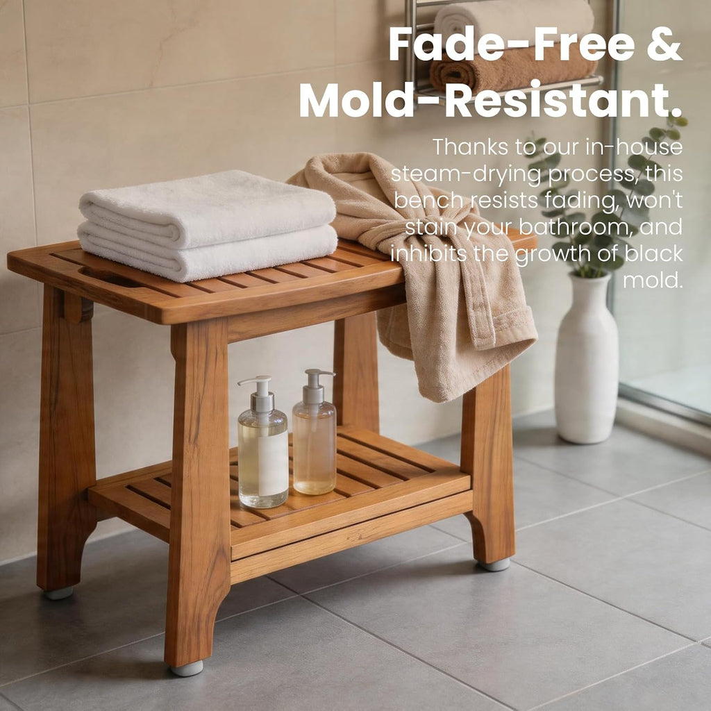 24' Large Teak Shower Bench with Shelf & Handle - Waterproof Spa Stool, Non-Slip Leveling Feet & 300 lbs Capacity - for Showers, Saunas/Steam Rooms & Outdoor Pools (Patented)