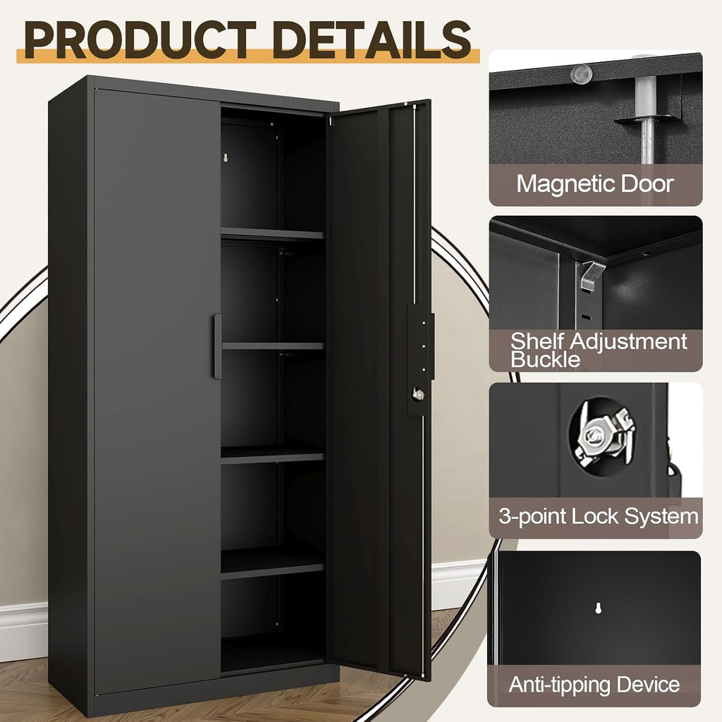 GREATMEET Metal Garage Storage Cabinets, 71' Tall Locking Cabinets with Doors and Shelves, Utility Cabinet with Lock for Garage, Home, Black
