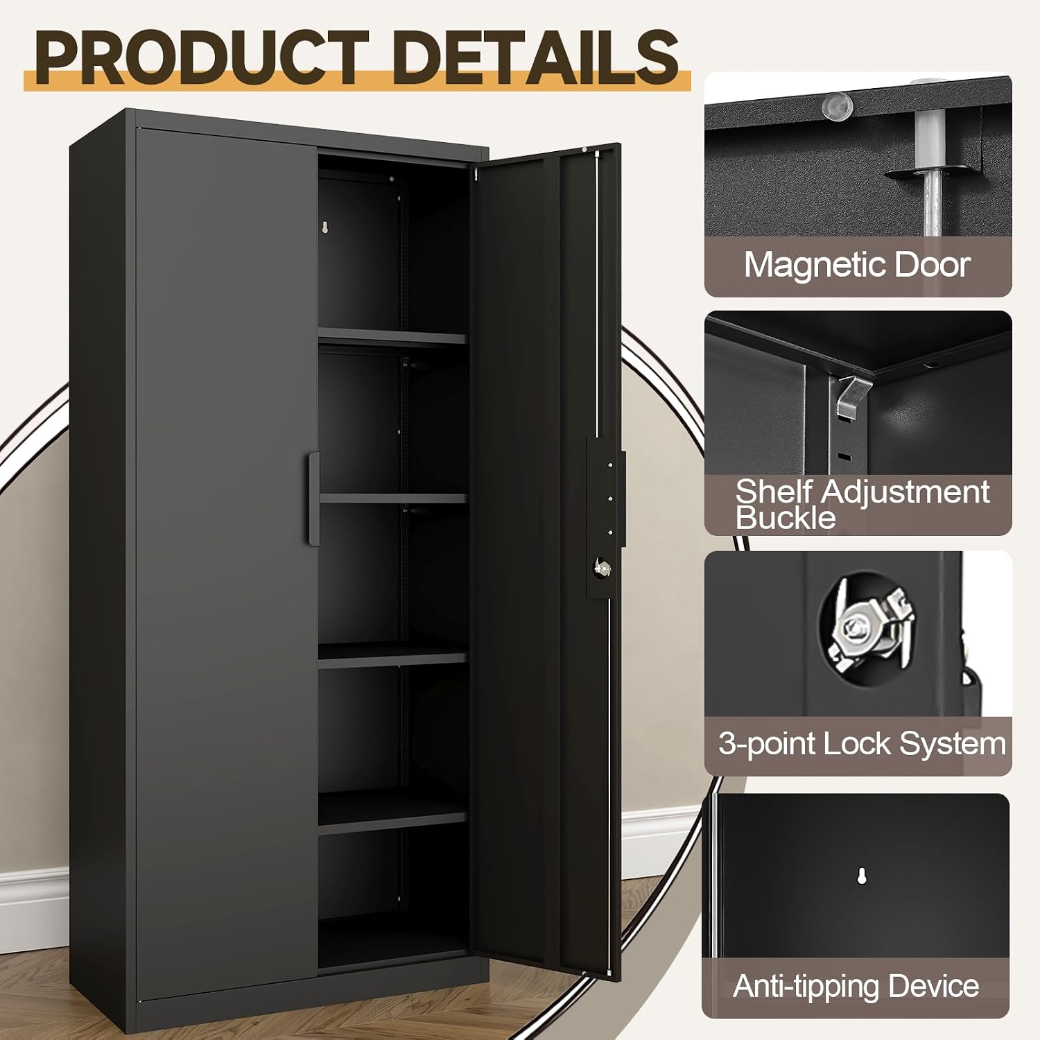 GREATMEET Metal Garage Storage Cabinets, 71' Tall Locking Cabinets with Doors and Shelves, Utility Cabinet with Lock for Garage, Home, Black