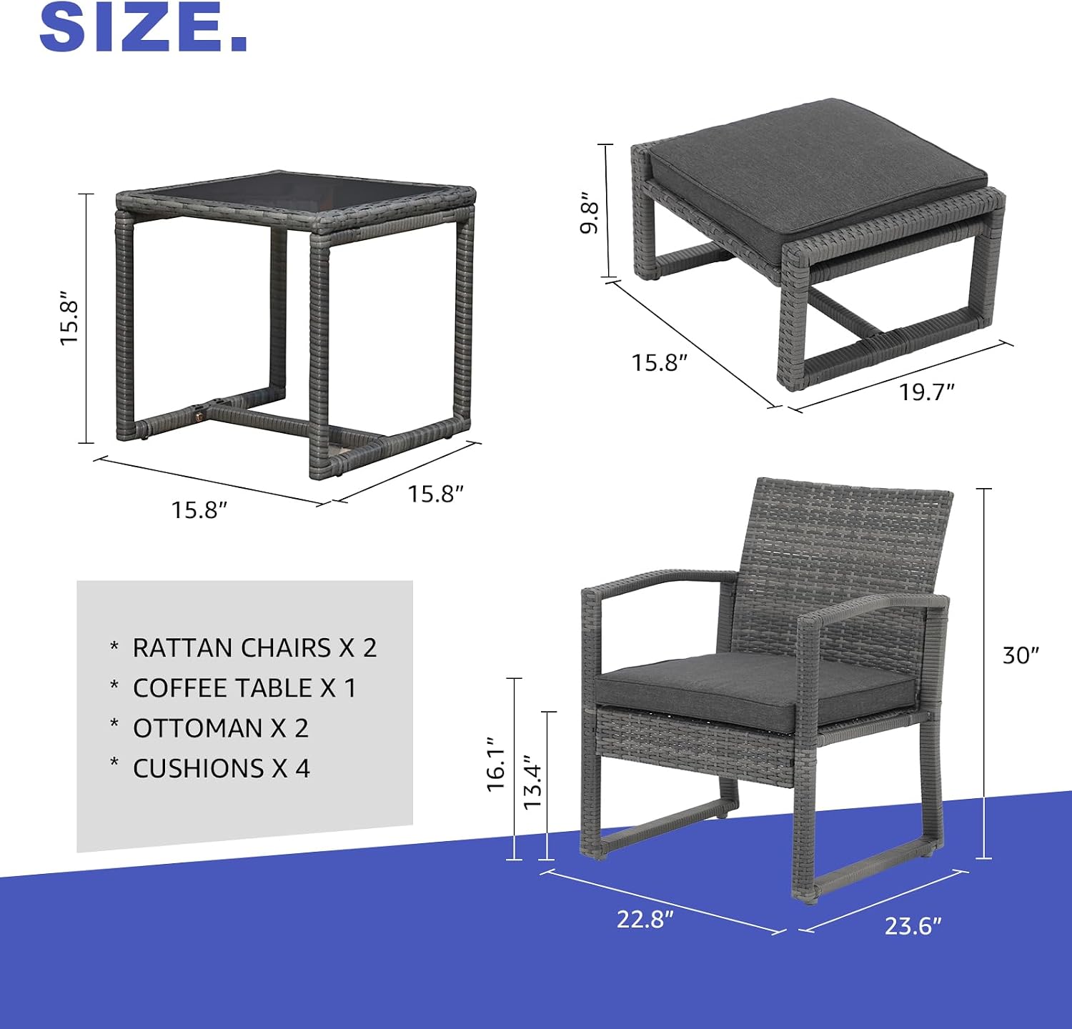 Patiorama 5 Piece Outdoor Patio Wicker Furniture Set, All Weather Grey PE Rattan Chair and Ottoman Footstool Set, W/Coffee Table, Cushions (Dark Grey) for Garden, Balcony, Porch, Space Saving Design