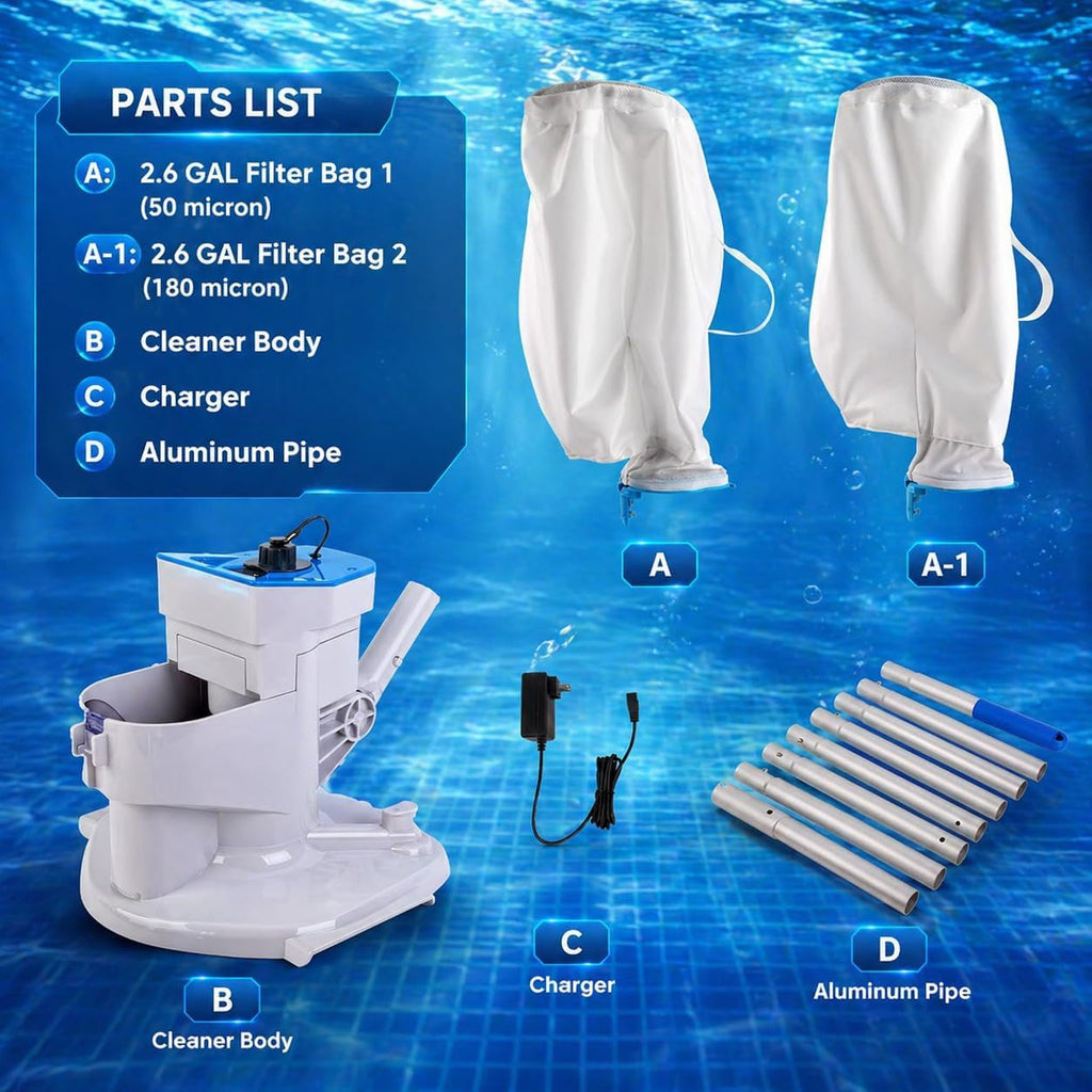 2026 New Upgrade Cordless Pool Leaf Vacuum Cleaner with Dual Filter Bags for Above & Inground Pools, Heavy Duty Pool Vacuum with Aluminum Tubes, 48 GPM Strong Suction for Leaves & Debris Removal