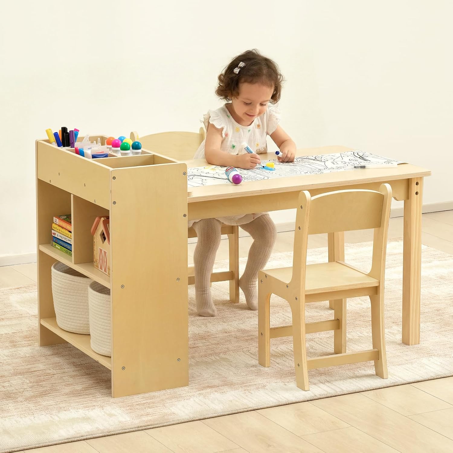 OOOK Kids Art Table and 2 Chairs, Toddler Activity Table with Large Storage Shelves, Wood Activity Desk for Writing Drawing Suitable for Playrooms & Classroom
