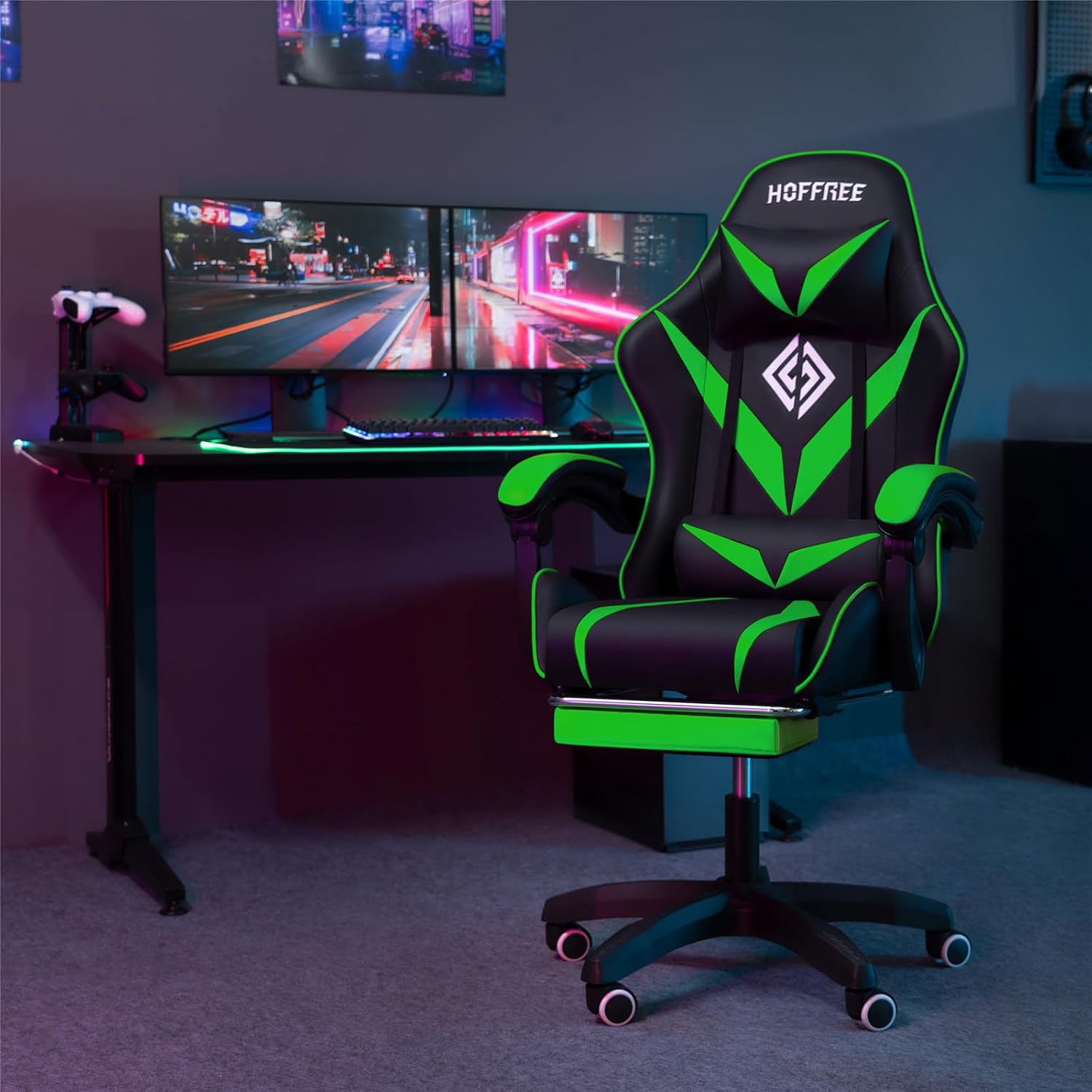 HOFFREE Massage Gaming Chair for Kids Computer Gamer Chair with Footrest and Lumbar Support Reclining PC Game Chair with Headrest for Gaming Room Green and Black