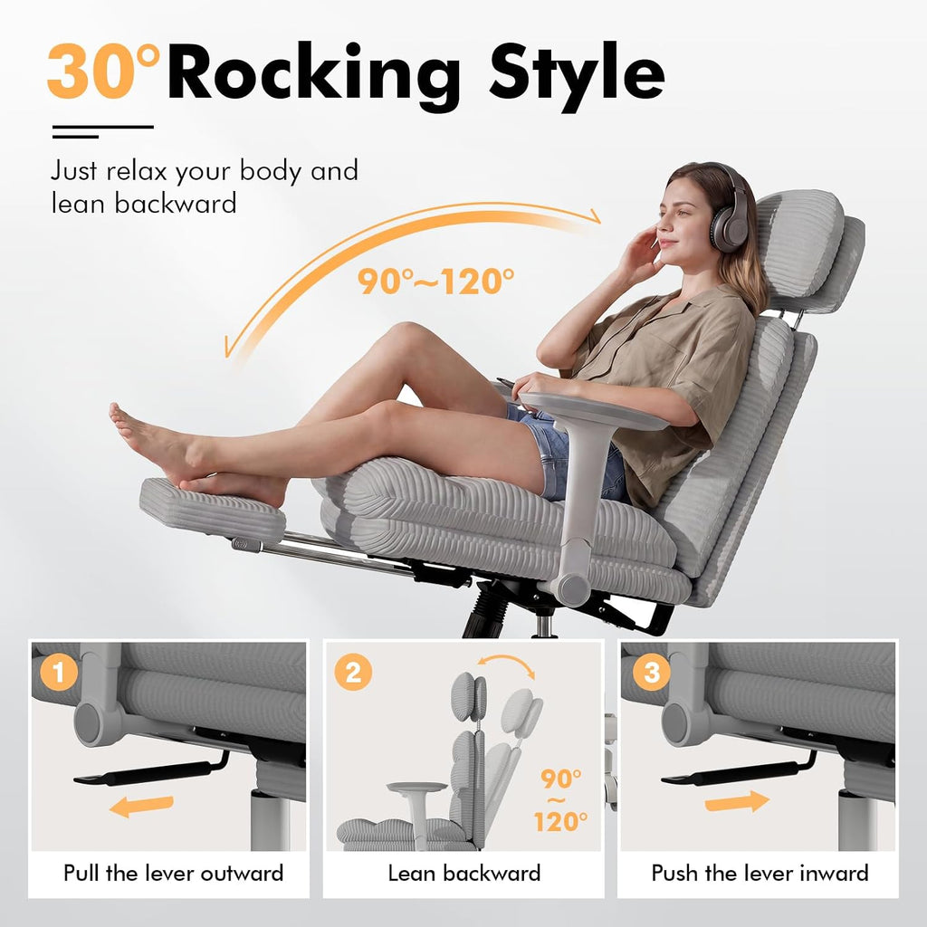 GXJ Criss Cross Chair with Flip-up Arms, Executive Office Chair with Foot Rest, Cross Legged Office Chair G800 Plus, Extra Lumbar Pillow, Corduroy Comfy Computer Desk Chair for Home, Grey