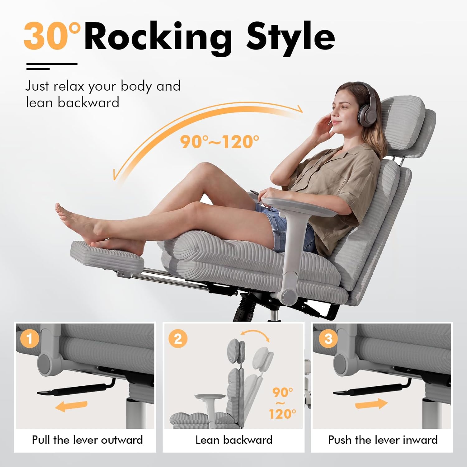GXJ Criss Cross Chair with Flip-up Arms, Executive Office Chair with Foot Rest, Cross Legged Office Chair G800 Plus, Extra Lumbar Pillow, Corduroy Comfy Computer Desk Chair for Home, Grey