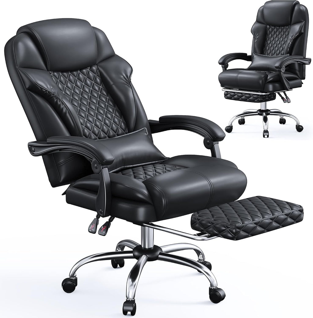Big and Tall Office Chair 400lbs - Executive Ergonomic Desk Chair with Footrest, High Back Reclining Leather Chair with Lumbar Support for Home Office, Black