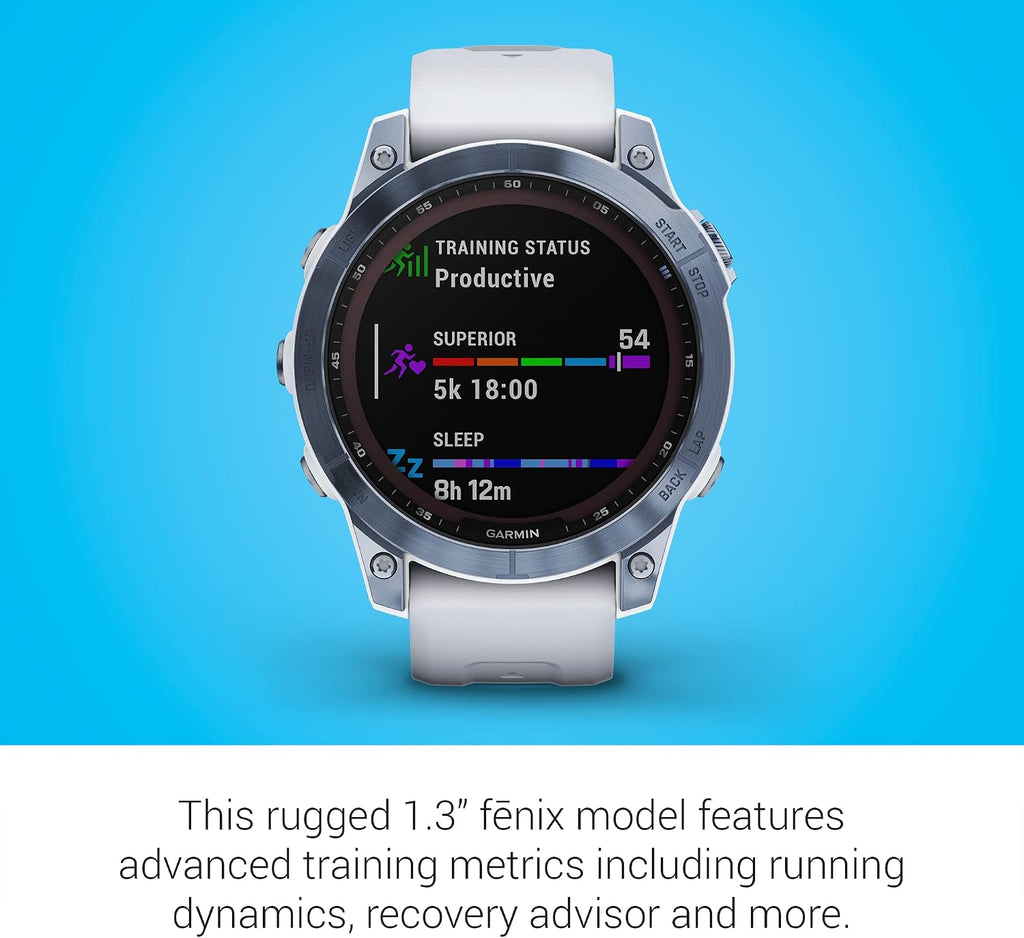 Garmin Fenix 7 Sapphire Solar, Adventure smartwatch, with Solar Charging Capabilities, Rugged Outdoor Watch with GPS, Touchscreen, Wellness Features, Mineral Blue DLC Titanium Whitestone Band