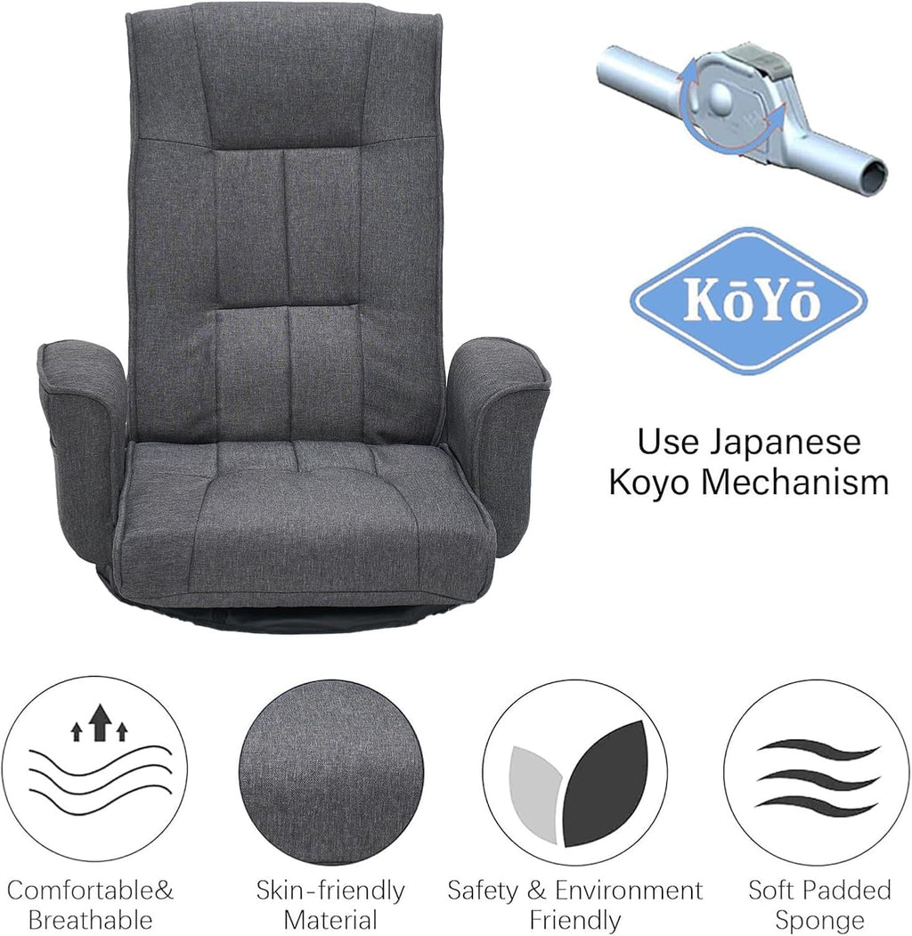 360 Swivel Gaming Chair 14-Position Adjustable Folding Floor Sofa with Armrests Lounger Bed for Home & Living Room Chaise Lounge Indoor for Adults QL201GR