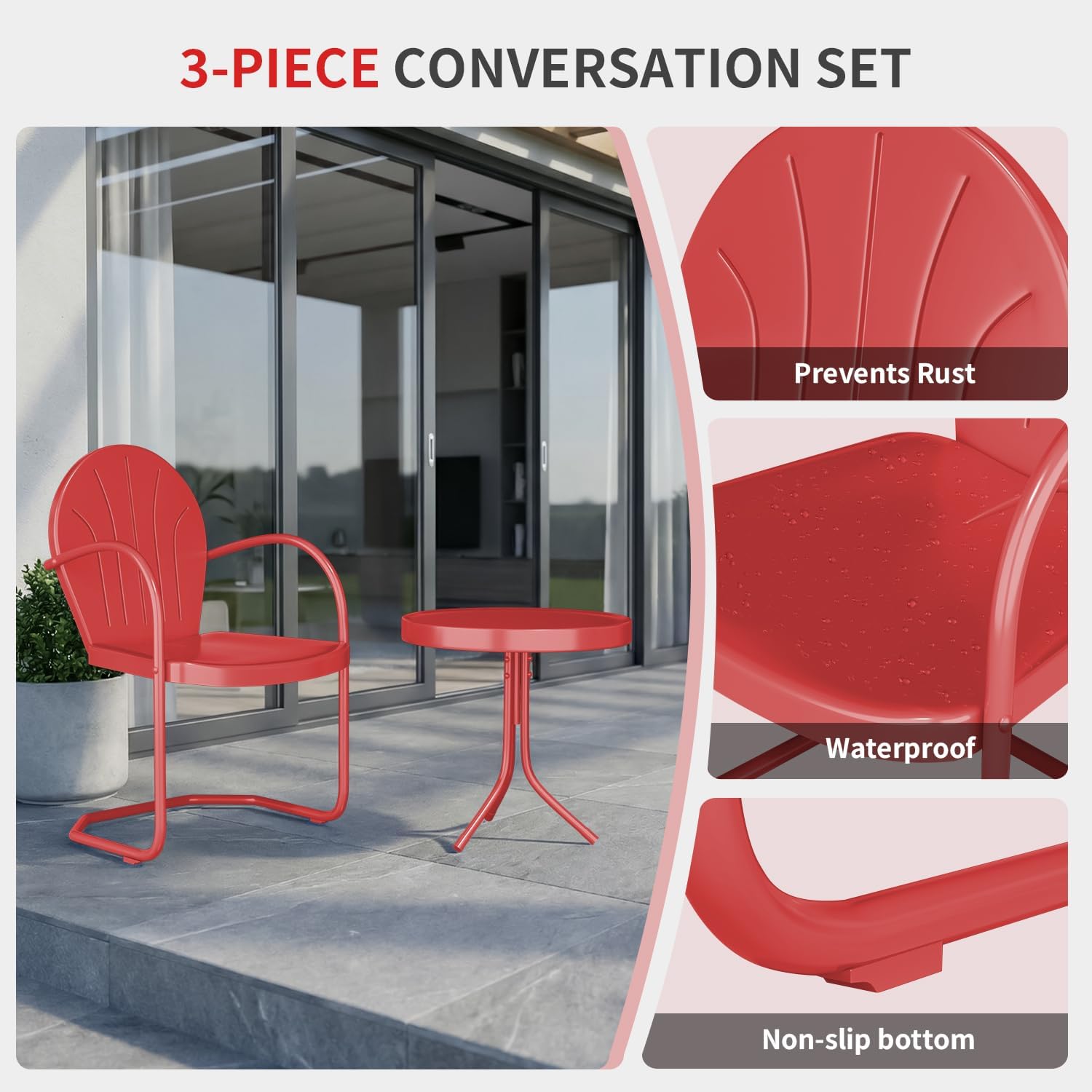 3 Piece Bistro Set, Anti-Rust Table and Chairs Set of 2, Waterproof Retro Metal Chairs for Outdoor Indoor/Porch/Lawn/Balcony（Red）
