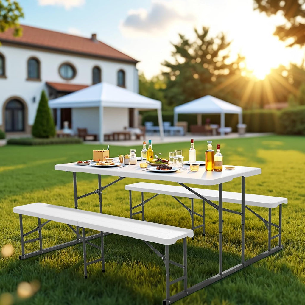 VINGLI Folding Picnic Table and Bench Set, Portable Outdoor Dining Furniture for Camping, Patio, Backyard, Wood Grain Plastic Top with Metal Frame (White)